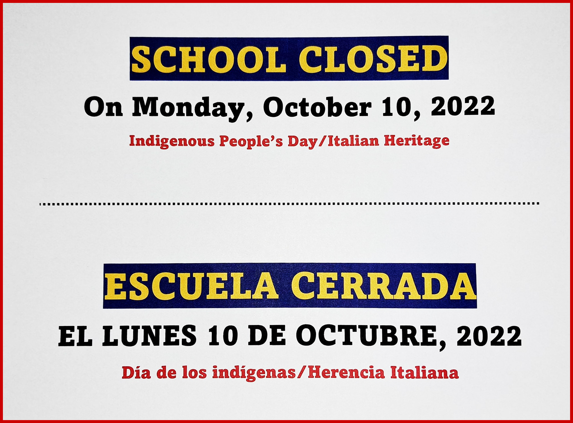 Italian Heritage / Indigenous Peoples' Day, schools closed Día de la